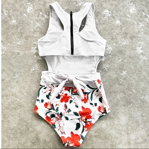 Floral Cutout Zipper One Piece Monokini Swimsuit - Picture 5 of 6